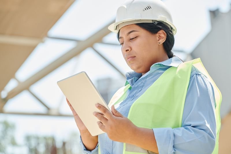 Engineer reviewing site progress on a tablet
