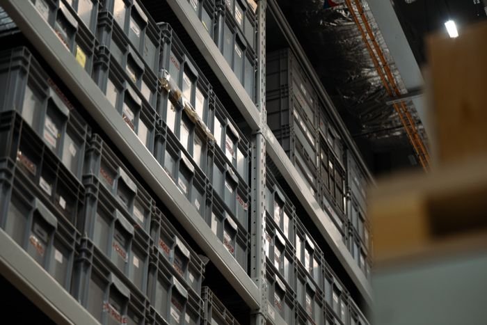 Industrial storage shelves with bins