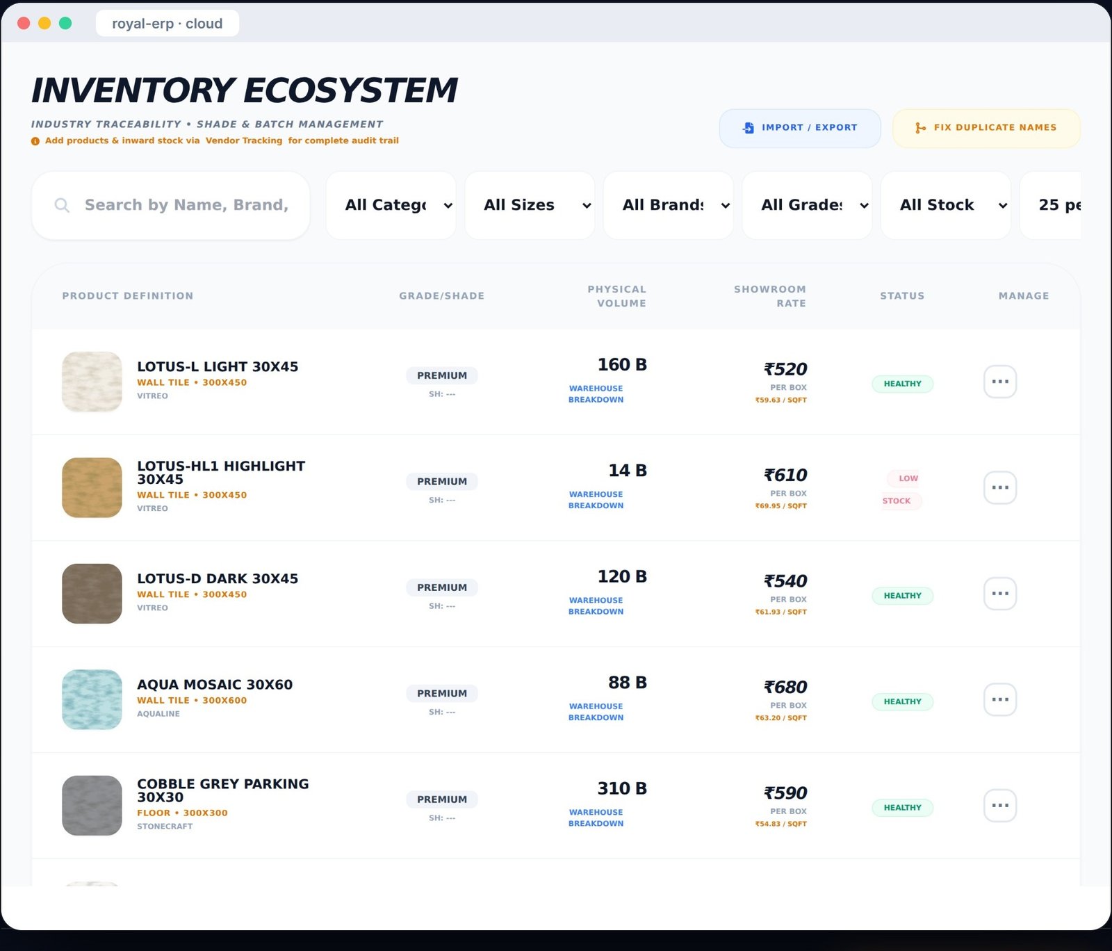 Tiles Vyapar 360 — inventory tracking
